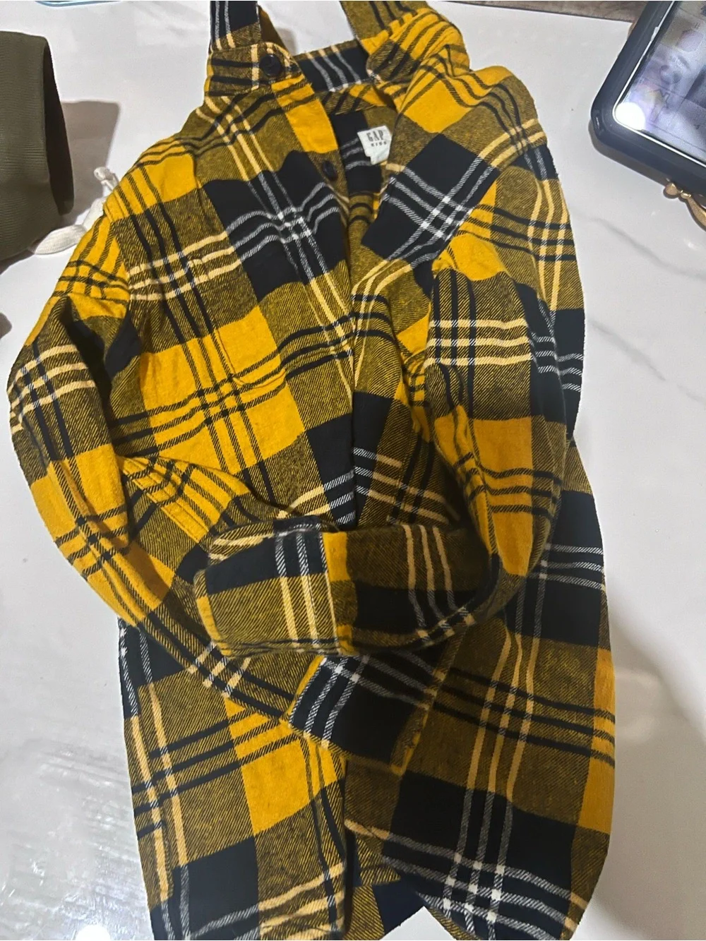 GAP Kids Yellow and Black Plaid Shirt Jacket with Navy Accents